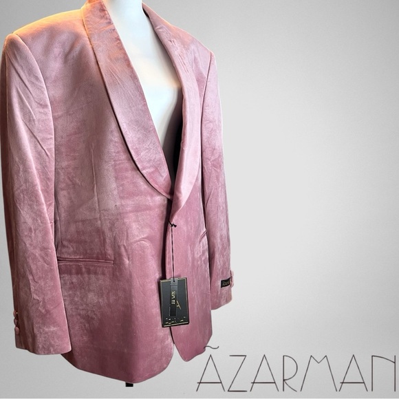 AZARMAN Slim Fit 1 Button Pink Pastel Velvet Shawl Dinner Jacket Sz 48 S - Picture 2 of 9